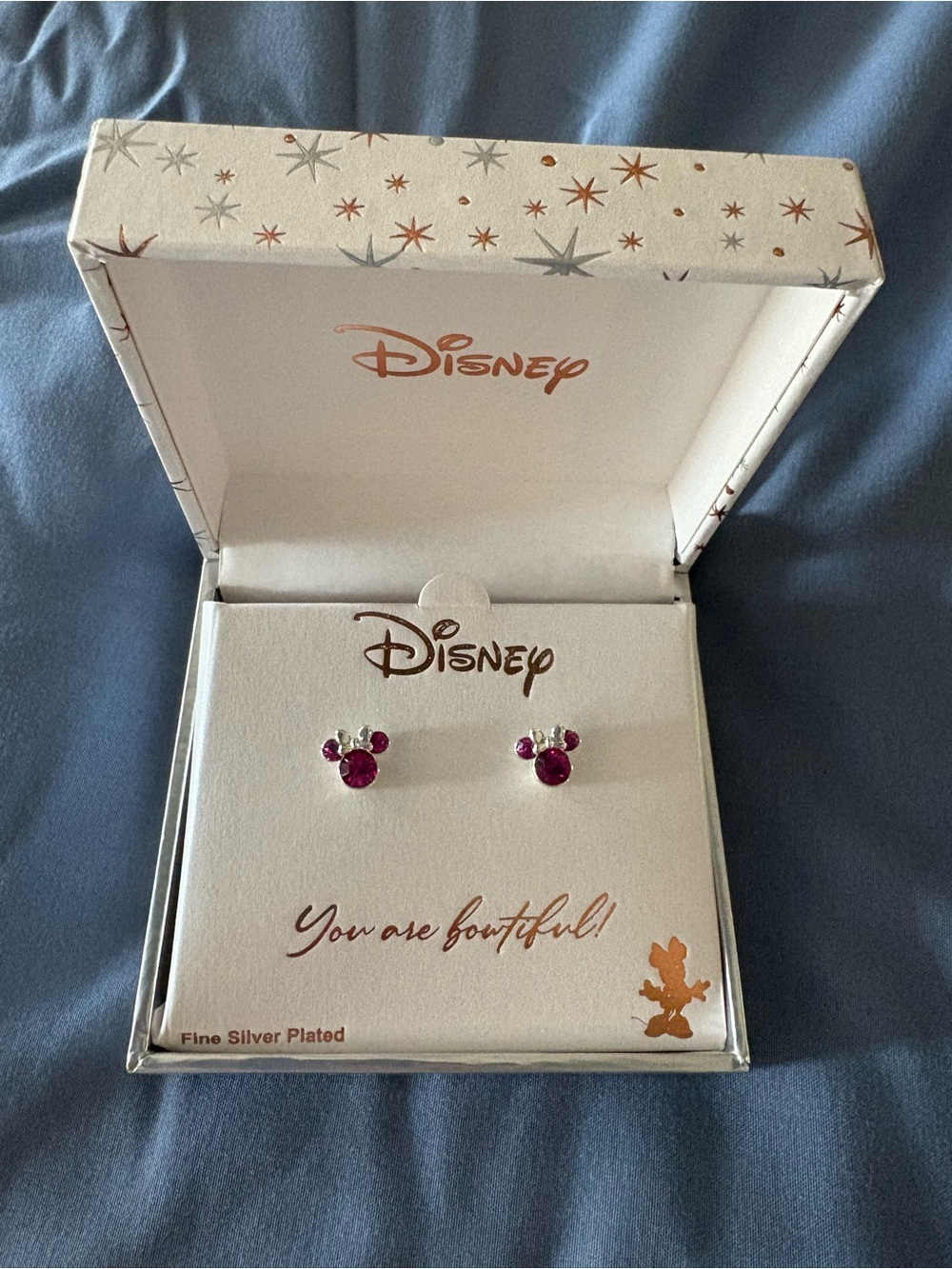Disney Silver Plated Mickey Crystal Stud Earrings - Fuchsia and Clear. New.